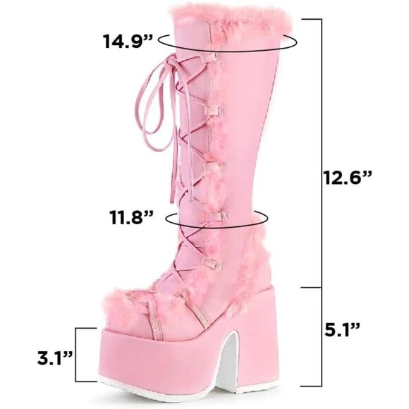 ⚡Womens Pink Synthetic Mid Calf Lace Up Chunky High Heel Warm Fur Snow Boots - Picture 6 of 6